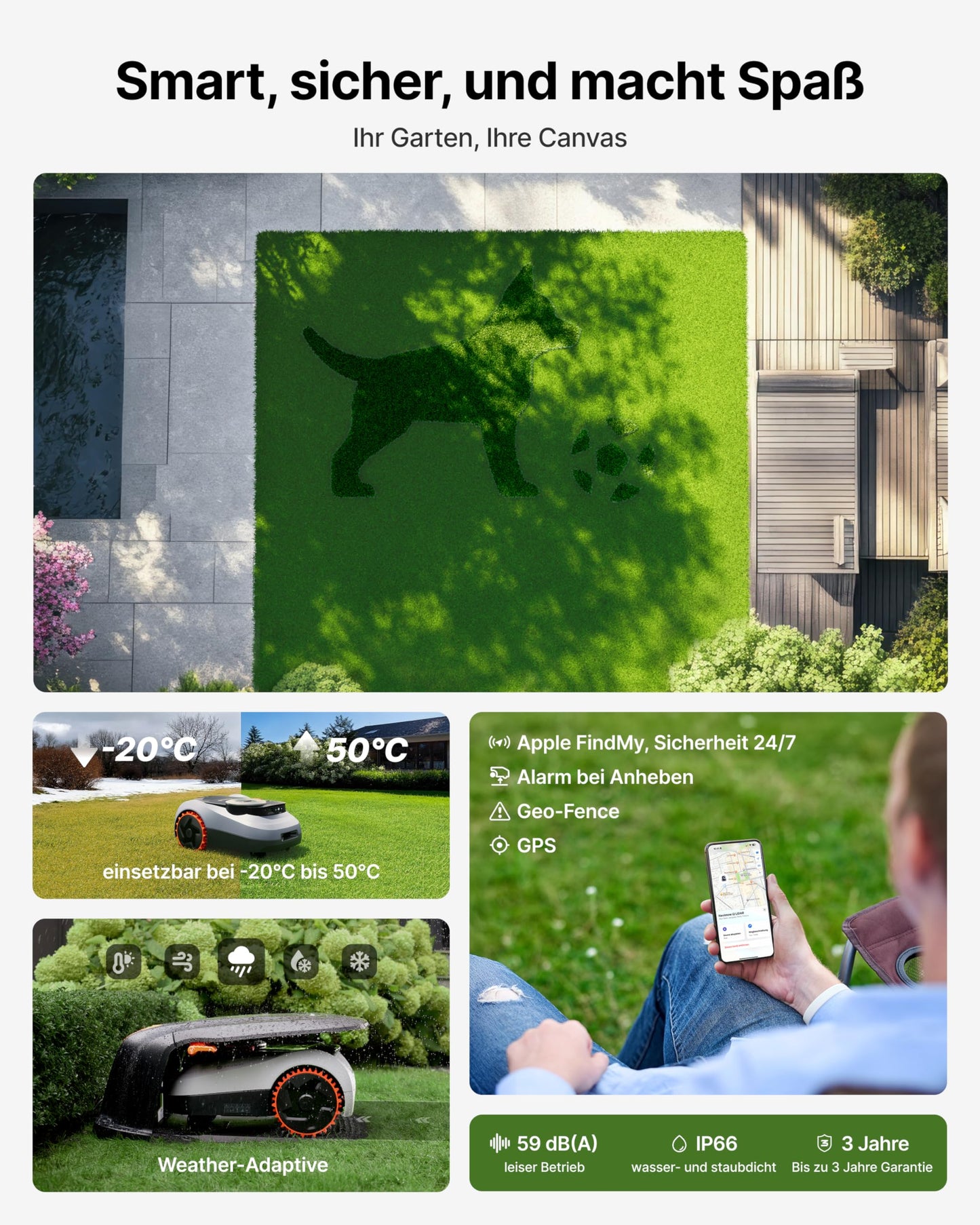 Navimow i220 LiDAR Mähroboter ohne Begrenzungskabel, 2000 m², LiDAR + Vision Navigation, 45% Steigung, Automatisches Kartieren, 59 dB leises Mähen